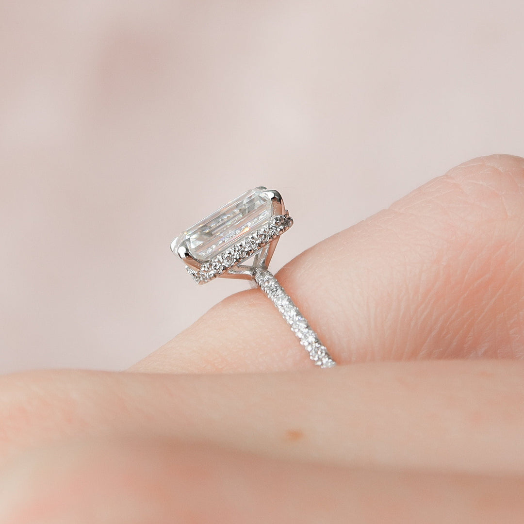 3.0CT Emerald Cut Moissanite Diamond Hidden Halo Engagement Ring