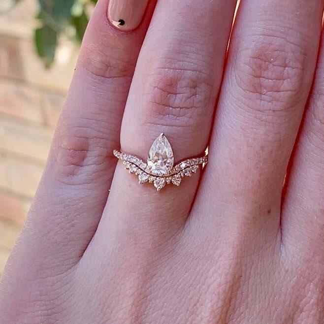 Chevron Pear Cut Moissanite Engagement Ring