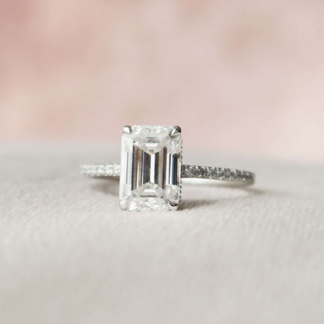 3.0CT Emerald Cut Moissanite Diamond Hidden Halo Engagement Ring