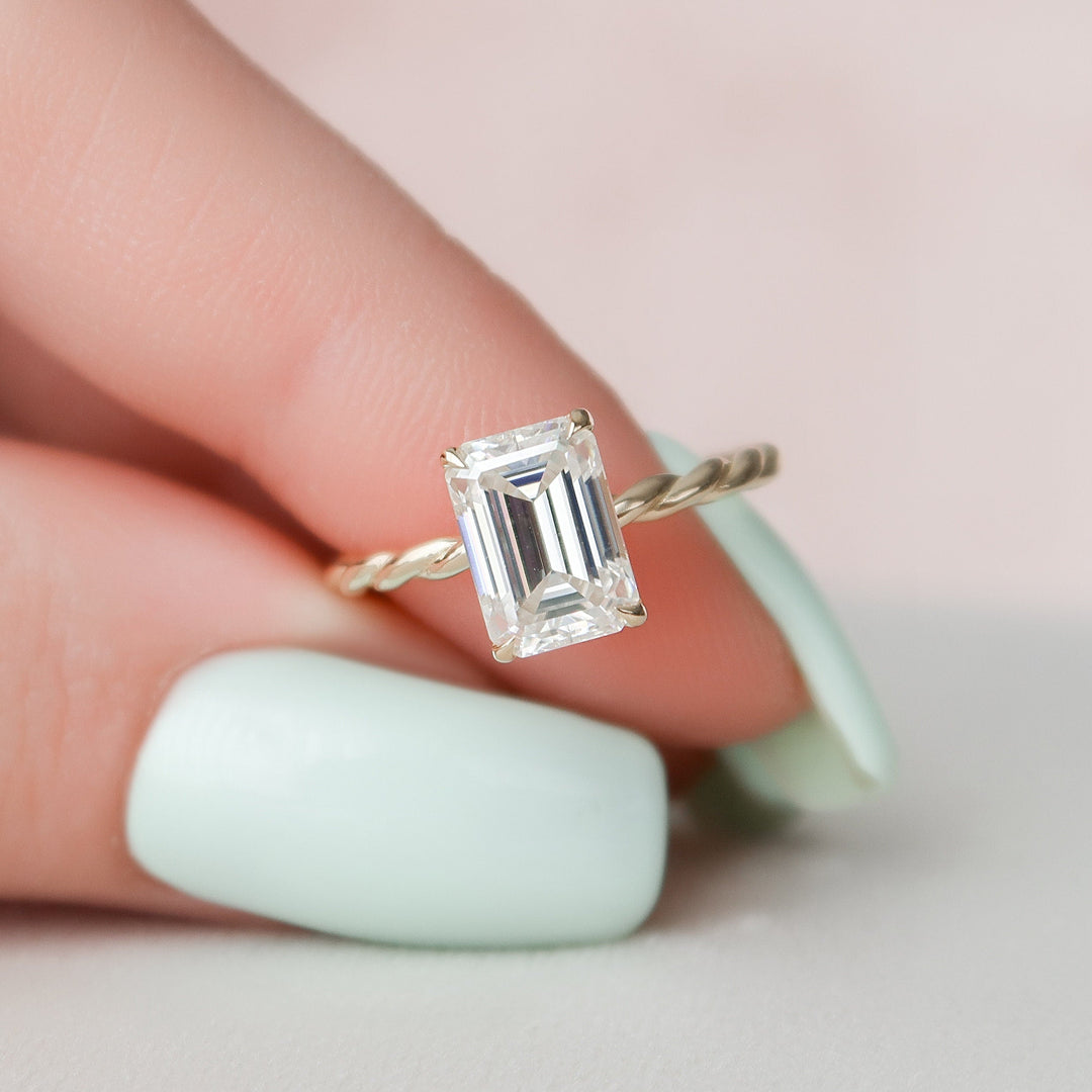 2.0CT Emerald Cut Braided Moissanite Hidden Halo Engagement Ring