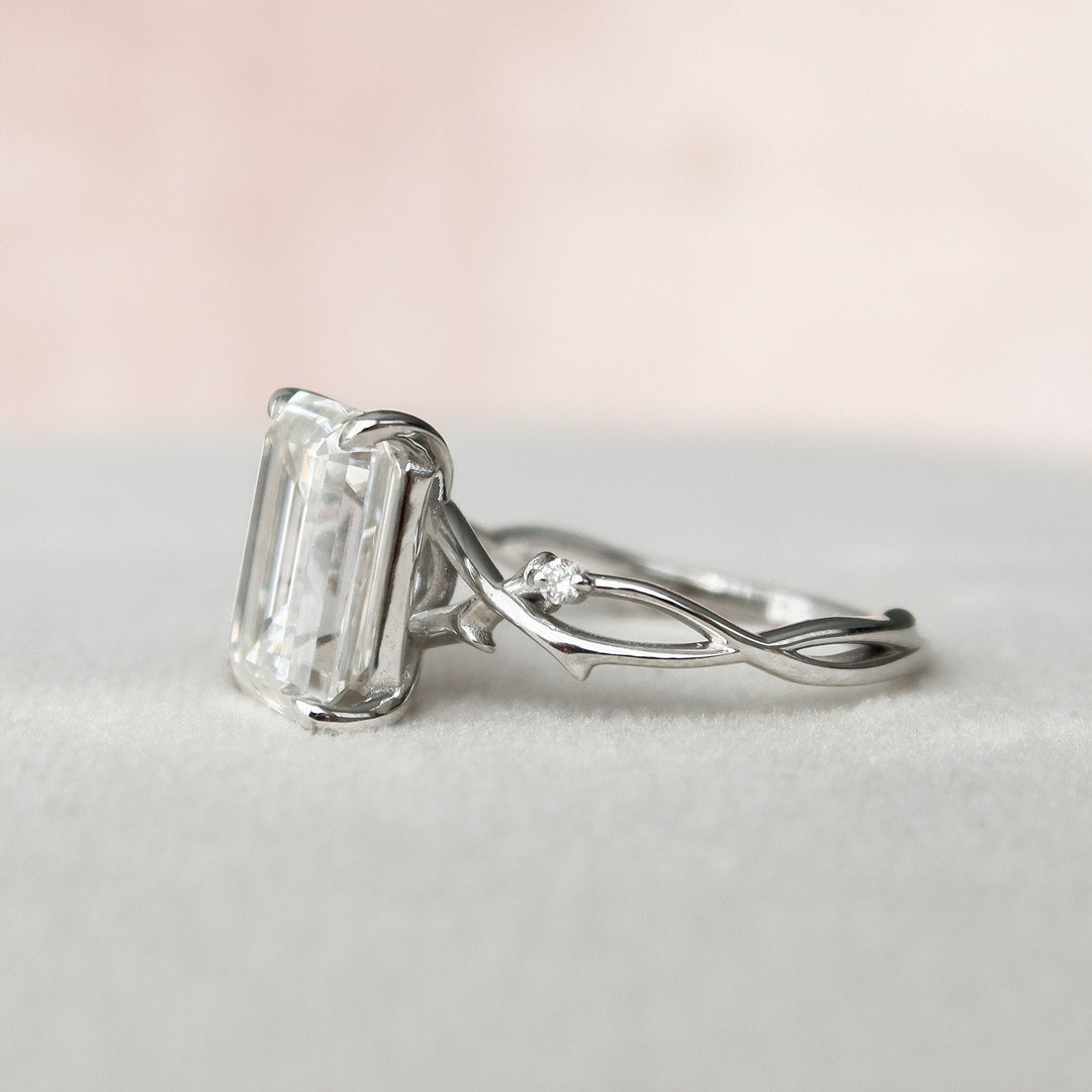 4.0CT Emerald Cut Nature Inspired Twisted Moissanite Engagement Ring