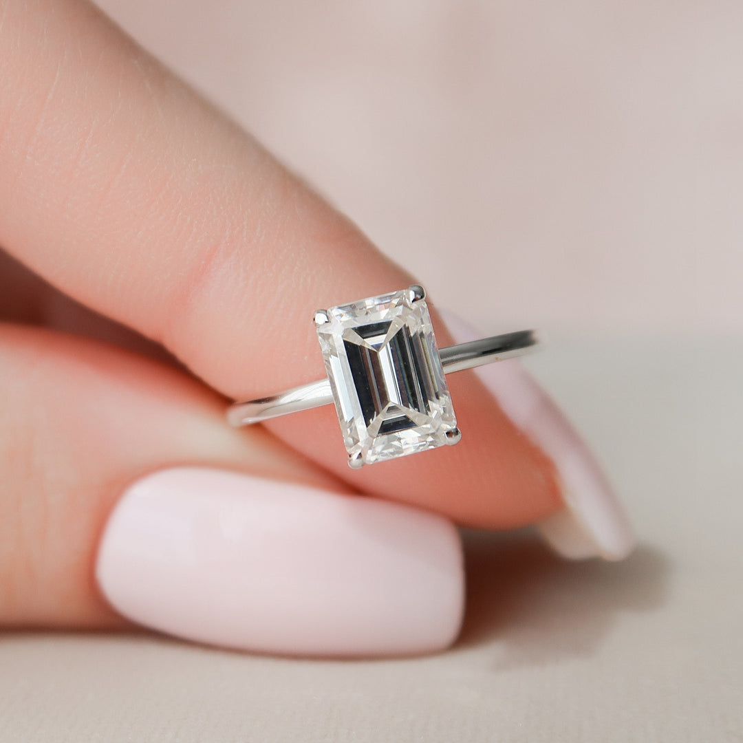 2.0CT Emerald Cut Hidden Halo Moissanite Engagement Ring