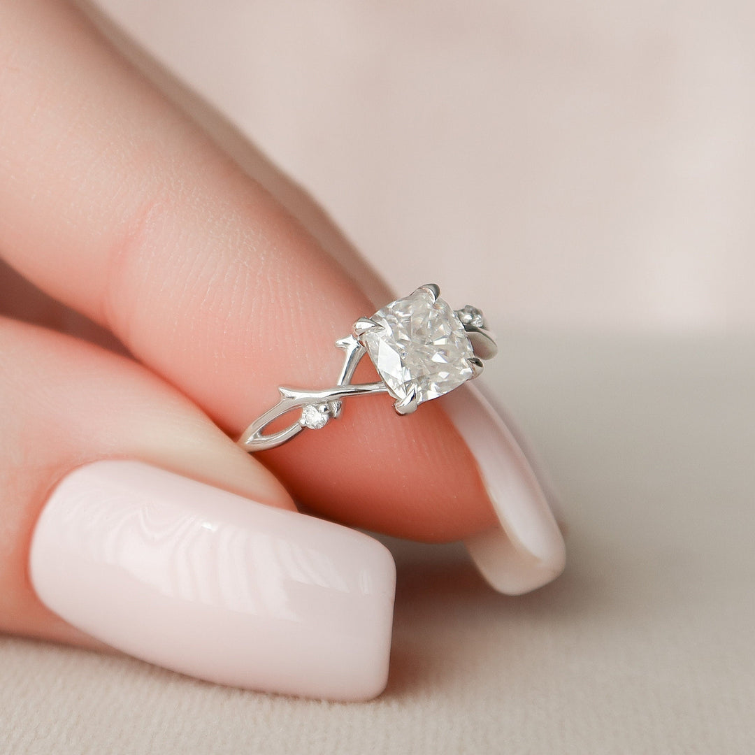 1.28CT Cushion Cut Twig Branch Moissanite Engagement Ring