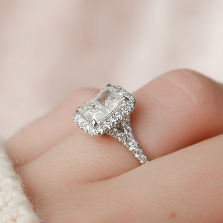 3.50CT Radiant Cut Halo Moissanite Diamond Split Shank Engagement Ring