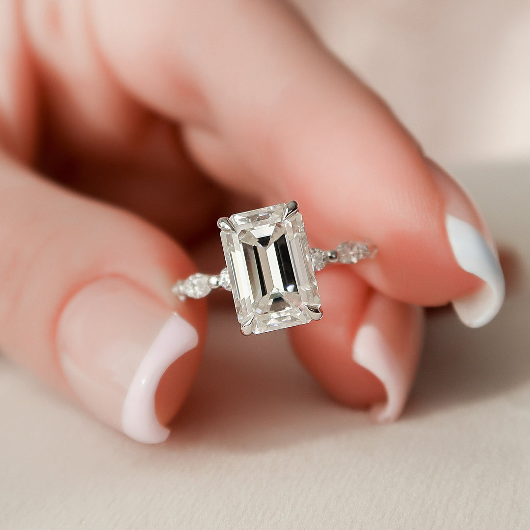 Emerald Cut Moissanite Hidden Halo Engagement Ring