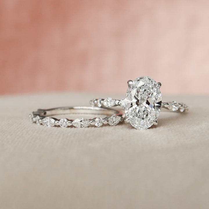 2.0CT Oval Cut Moissanite Halo Eternity Bridal Engagement Ring Set