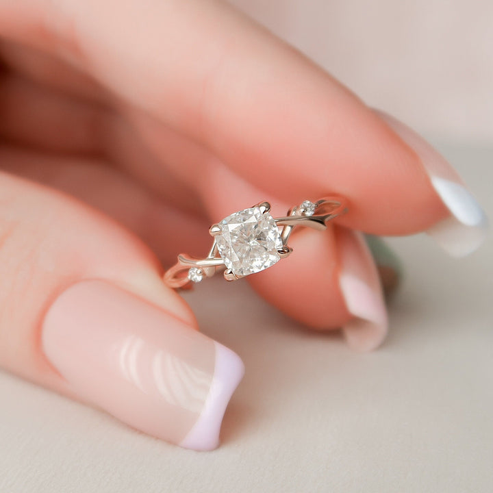 1.28CT Cushion Cut Twig Branch Moissanite Engagement Ring