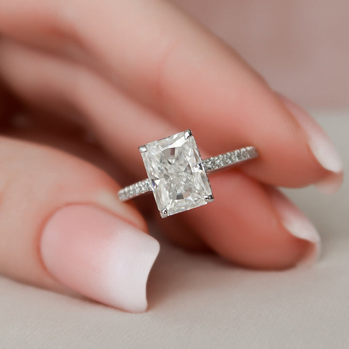 3.0CT Radiant Cut Hidden Halo Moissanite Pave Engagement Ring