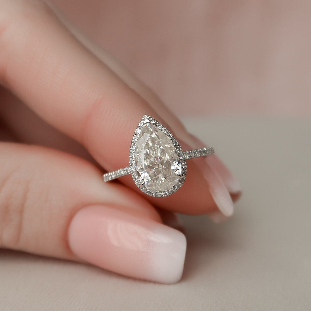 2.0CT Pear Cut Halo Moissanite Diamond Pave Engagement Ring