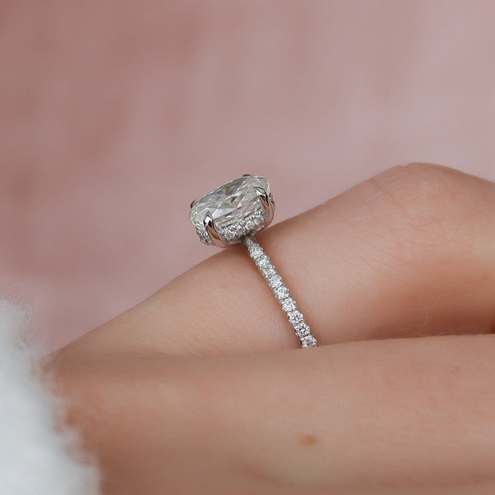1.0CT Oval Cut Moissanite Diamond Hidden Halo Engagement Ring