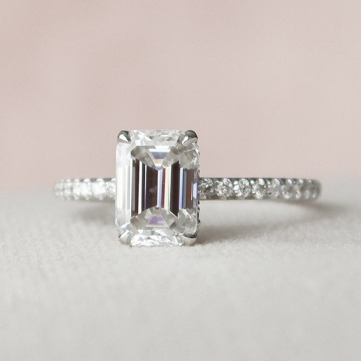 1.50CT Emerald Cut Hidden Halo Moissanite Pave Engagement Ring