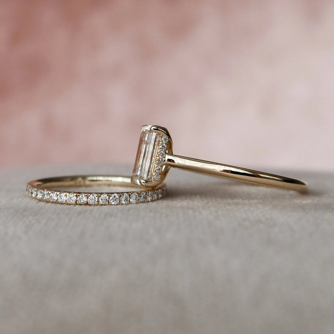 2.0CT Emerald Cut Moissanite Diamond Halo Bridal Engagement Ring Set