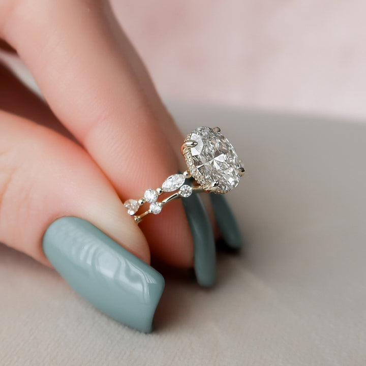 2.0CT Oval Cut Moissanite Hidden Halo Eternity Bridal Engagement Ring Set