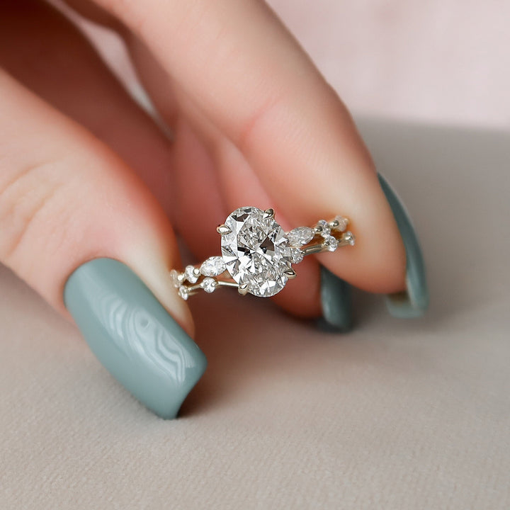 2.0CT Oval Cut Moissanite Hidden Halo Eternity Bridal Engagement Ring Set