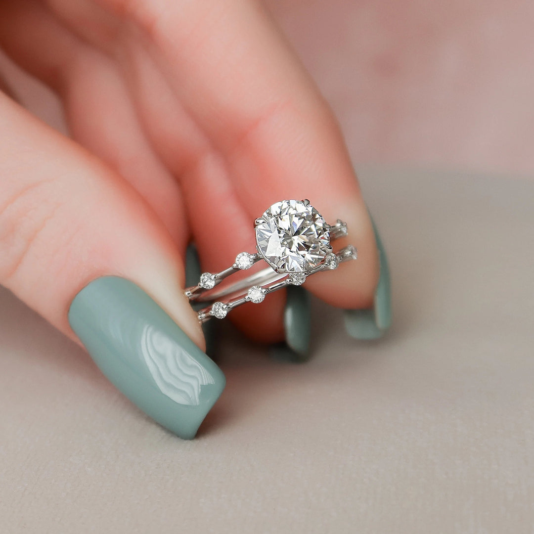 2.0CT Round Brilliant Cut Moissanite Halo Bridal Engagement Ring Set
