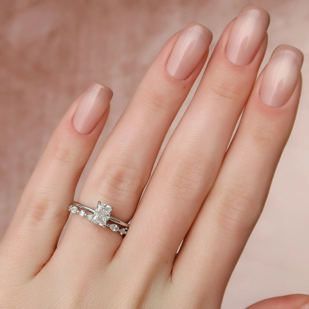1.0CT Radiant Cut Moissanite Hidden Halo  Bridal Engagement Ring Set