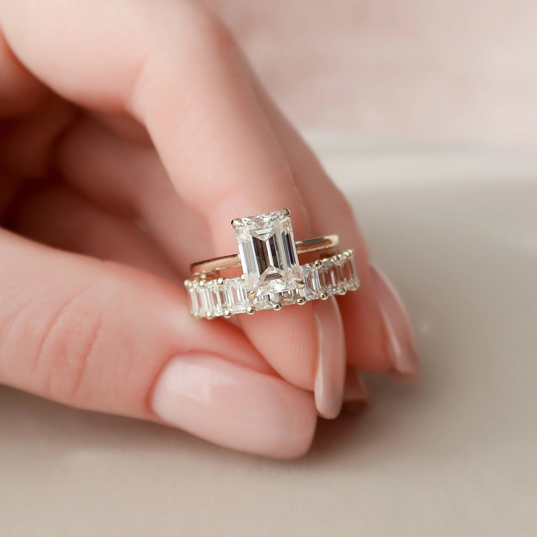 Emerald Cut Moissanite Solitaire Hidden Halo Bridal