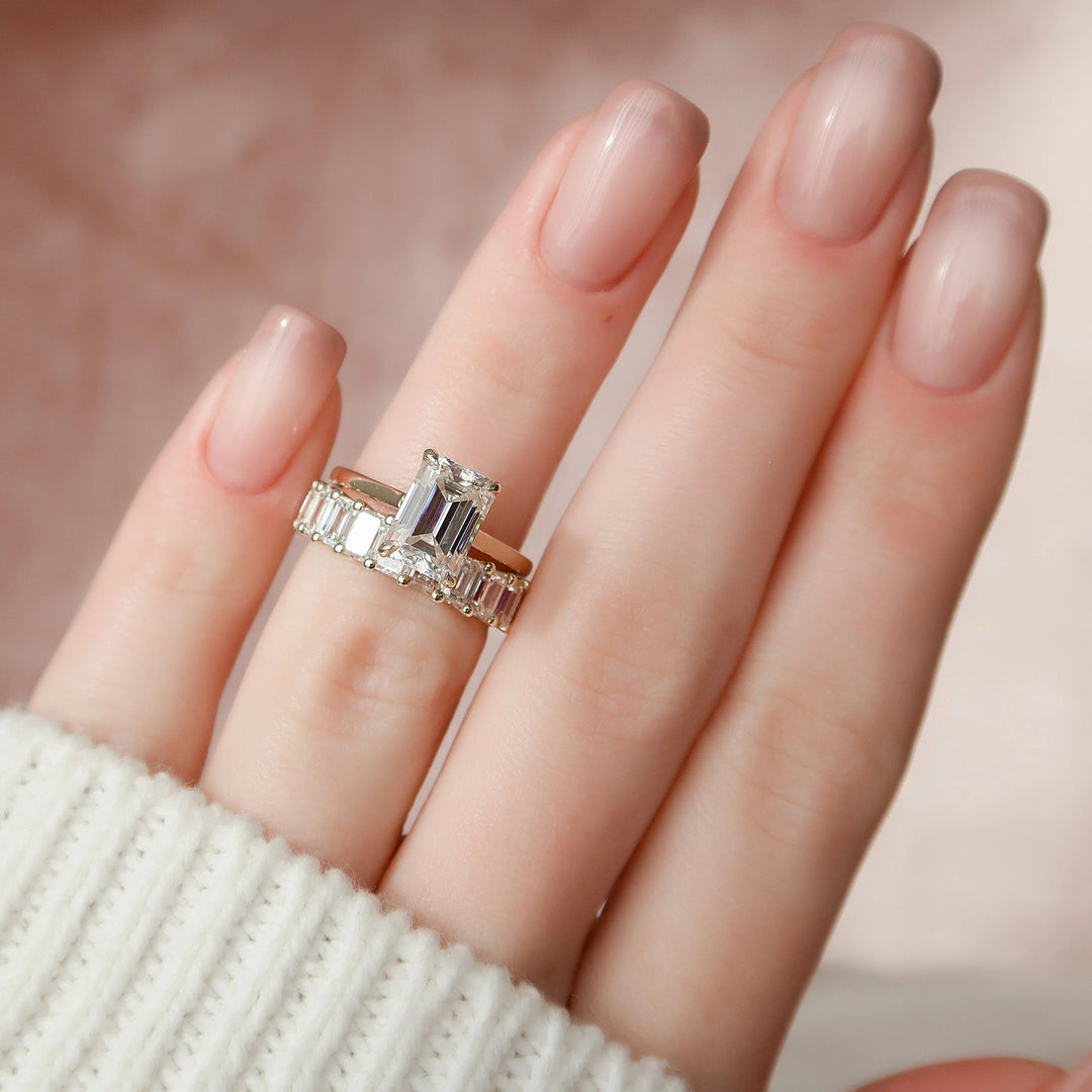 2.0CT Emerald Cut Moissanite Solitaire Hidden Halo Bridal Engagement Ring Set