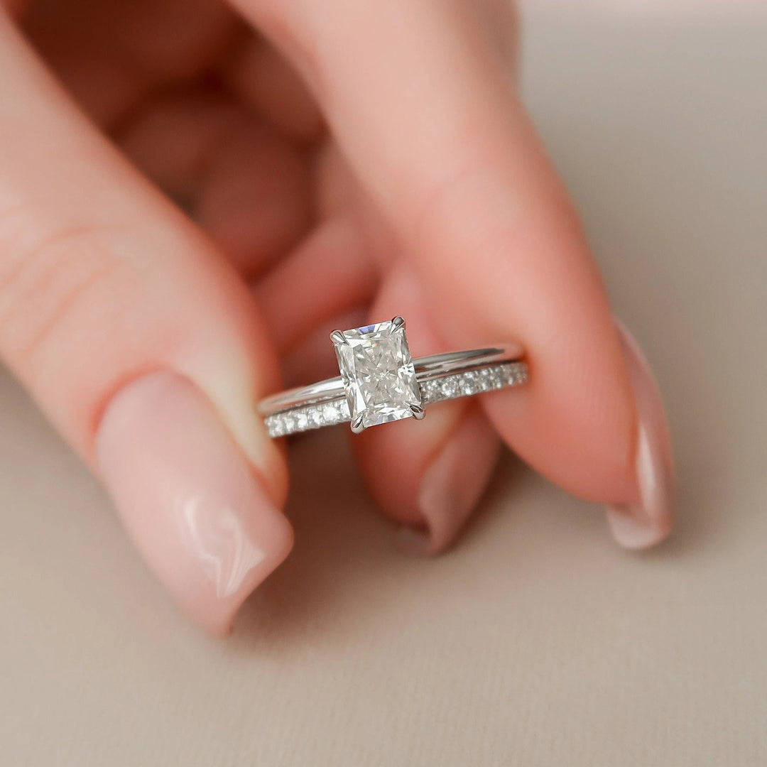 1.0CT Radiant Cut Moissanite Hidden Halo Bridal Engagement Ring Set