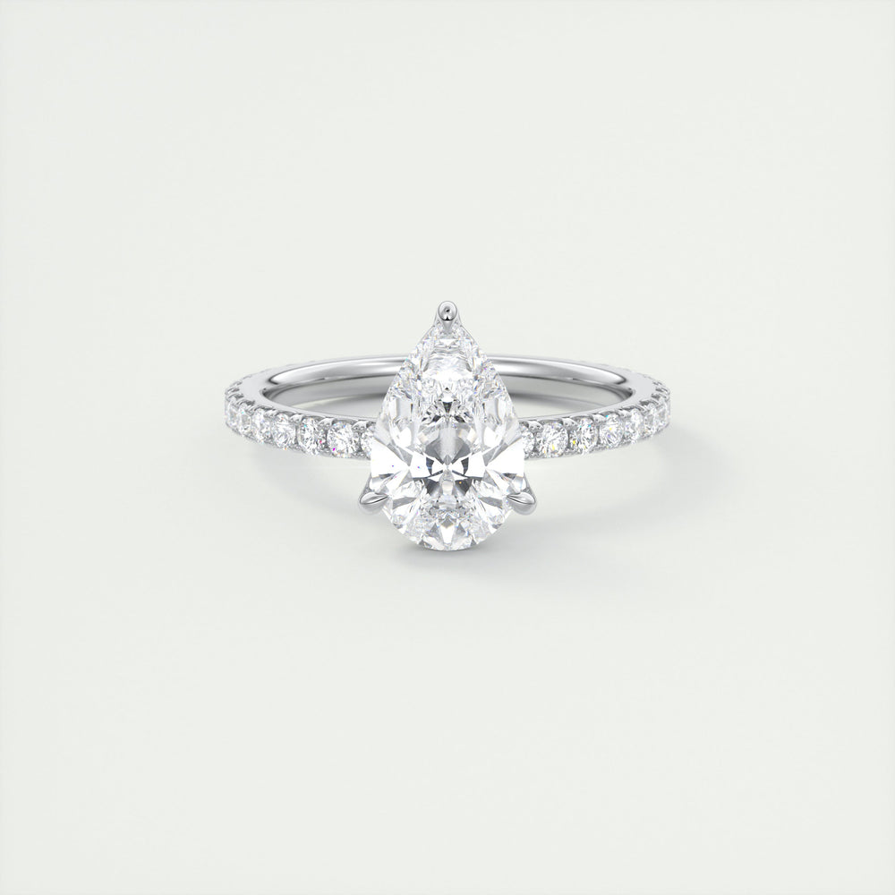 Detailed setting on this moissanite ring, in platinum